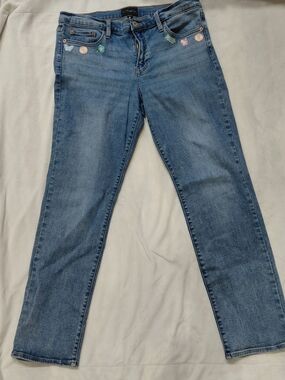 Lucky Brand Light Blue Upcycled "Just Peachy" & Flower Iron Ons Jeans Size 14